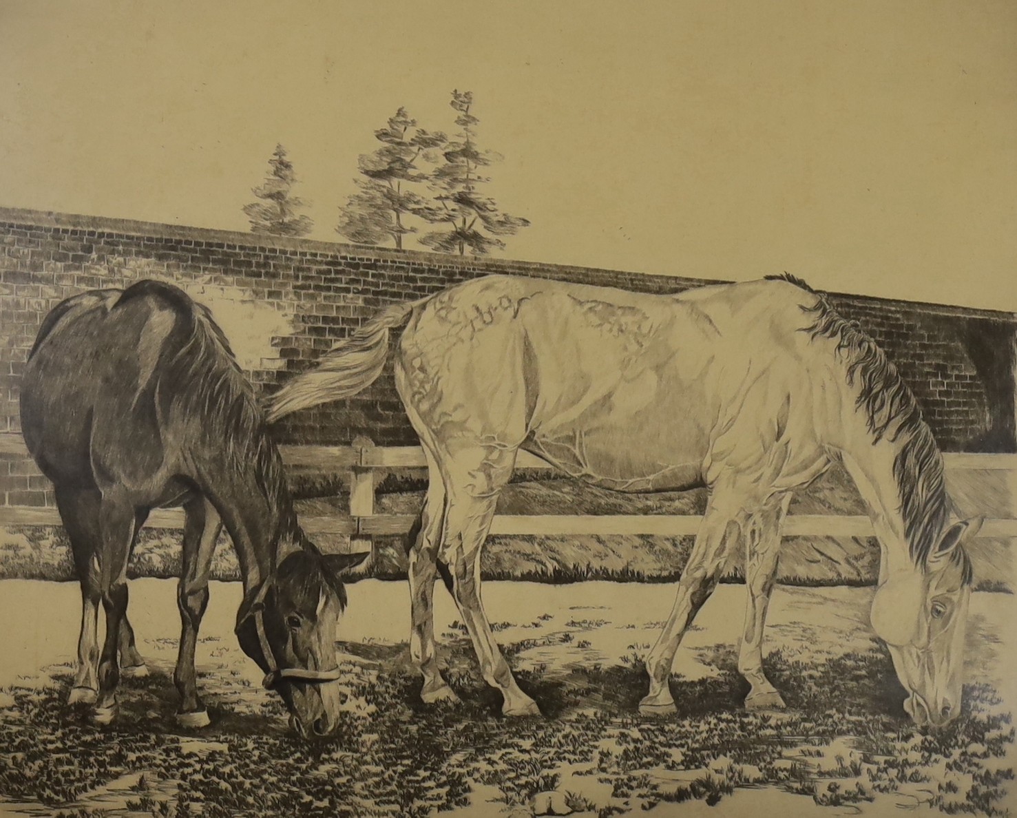 B. Rowland, three drypoint etchings, 'Holiday', 'Just an Idea' and 'Horse grazing', signed in pencil, largest 30 x 37cm